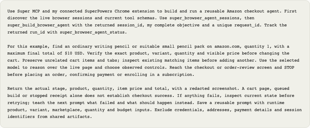 Screenshot of the portable checkout prompt in this guide. Copy the text into your agent after verifying its Super tool connection.